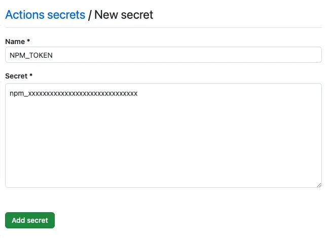 GitHub Actionsシークレットの設定画面