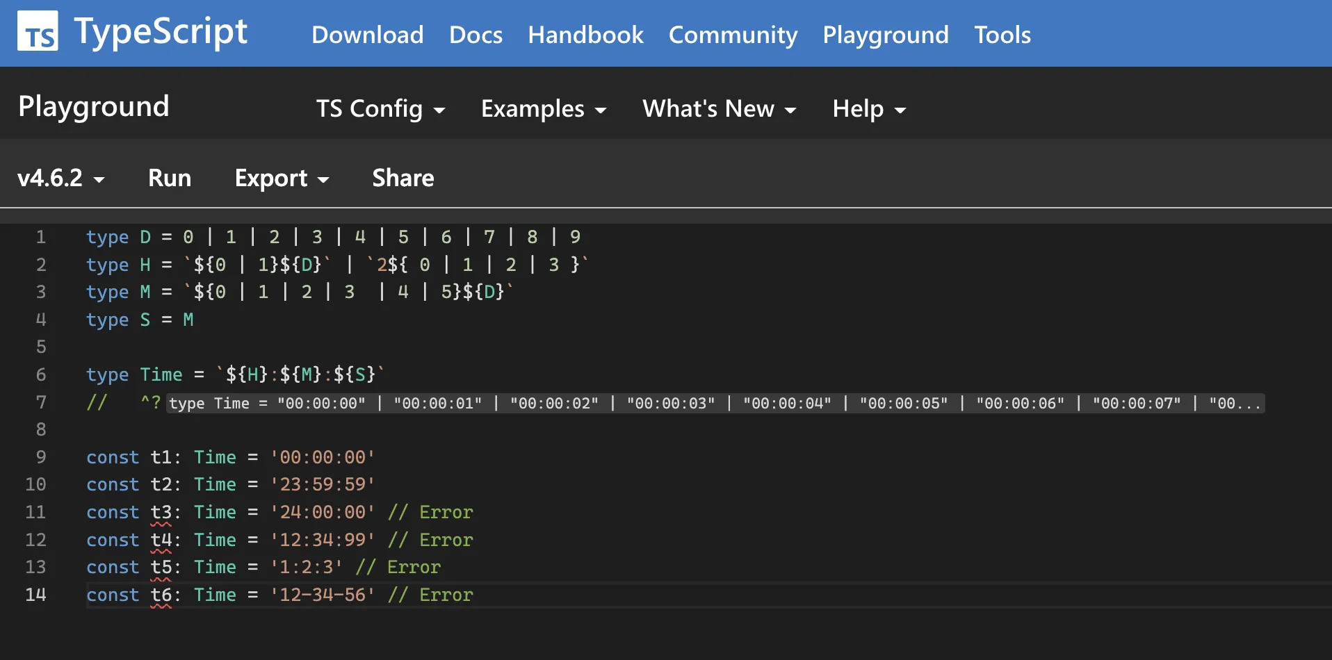 TypeScript Playgroundにコードが書かれている。^?というコメントのあとには型情報である type Time = ...と続いている
