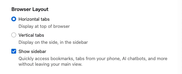 Firefoxの設定画面。Browser Layout項目の中から、Show sidebarにチェックをつけている。