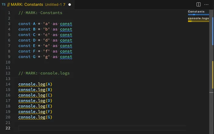 VSCodeの右側にミニマップがありラベルが表示されている